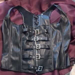 Black Faux Leather Corset Top with Buckles